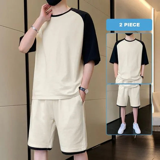 Korean Fashion 2 Piece Set Men Summer Clothes Patchwork Tracksuits Men Sports