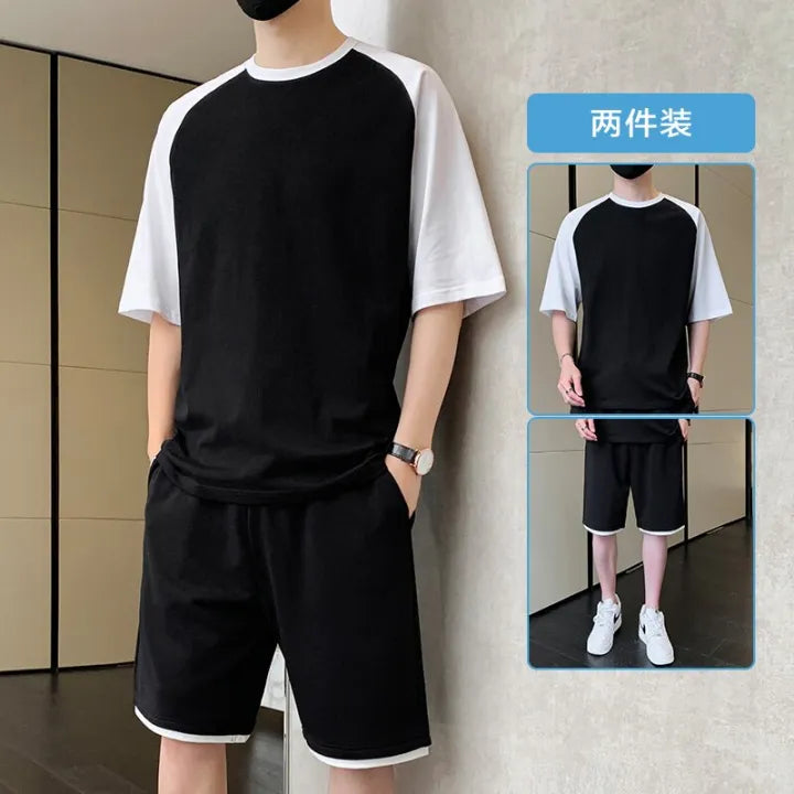 Korean Fashion 2 Piece Set Men Summer Clothes Patchwork Tracksuits Men Sports